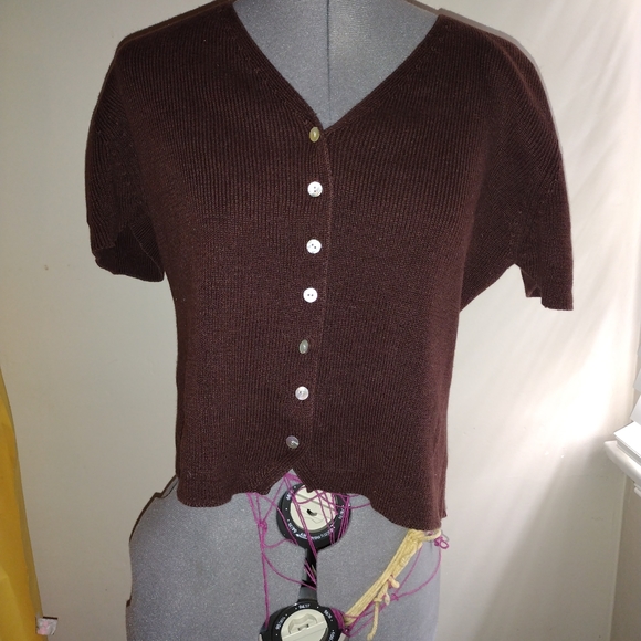 Vintage Brown Short Sleeved Cardigan Sweater, Vintage Button Up Cardigan Sweater - Picture 13 of 13